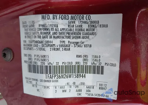 2006 Ford Focus Zxw from USA, damaged, VIN 1FAFP36N26W158944
